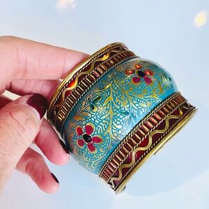 Vintage Wide Brass Enamel India Cuff Bracelet Boho Chic